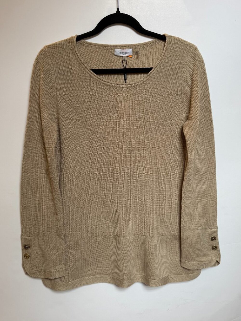 Calvin Klein Women's Small Sweater Beige Knit Long Sleeve Button Cuff Top NWT